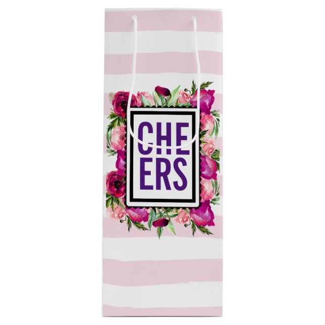 Pink Rose & Poppy Floral Bouquet Cheers Wine Gift Bag (Front)