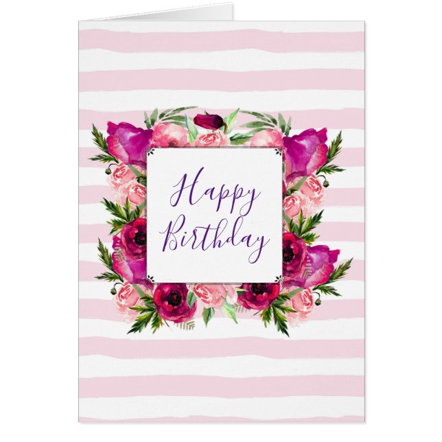 Pink Rose & Poppy Floral Bouquet Happy Birthday (Front)