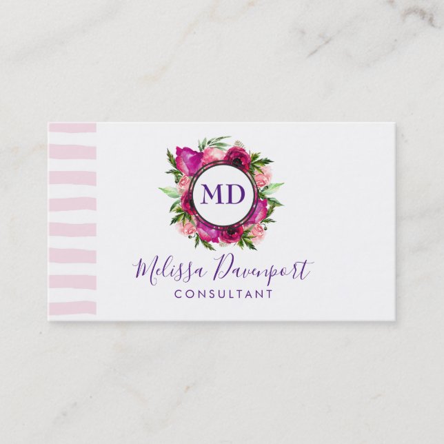Pink Rose & Poppy Floral Bouquet Monogram Business Card (Front)