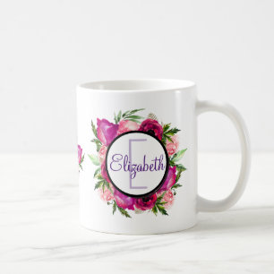 Pink Rose & Poppy Floral Bouquet Monogram Coffee Mug