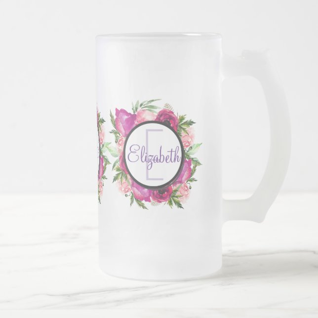 Pink Rose & Poppy Floral Bouquet Monogram Frosted Glass Beer Mug (Right)