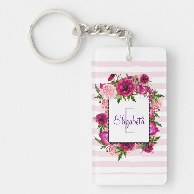 Pink Rose & Poppy Floral Bouquet  Monogram Key Ring (Front)