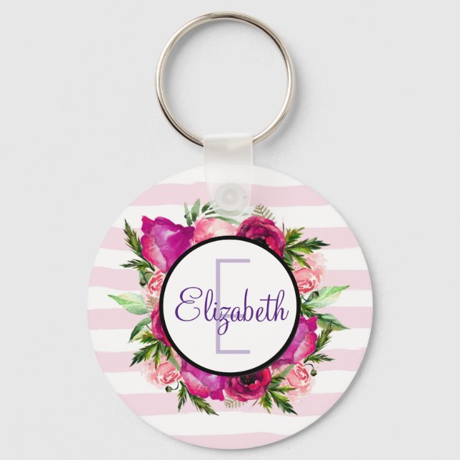 Pink Rose & Poppy Floral Bouquet Monogram Key Ring (Front)