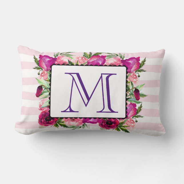 Pink Rose & Poppy Floral Bouquet Monogram Lumbar Cushion (Front)