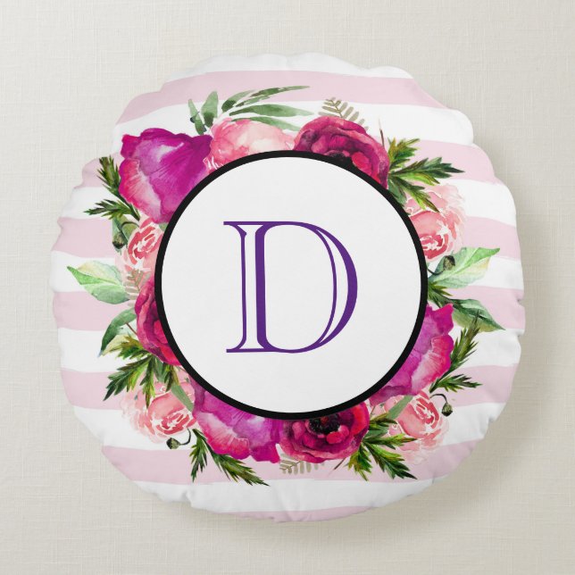 Pink Rose & Poppy Floral Bouquet Monogram Round Cushion (Front)