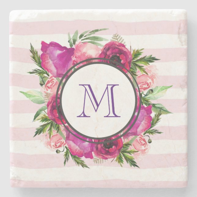 Pink Rose & Poppy Floral Bouquet Monogram Stone Coaster (Front)
