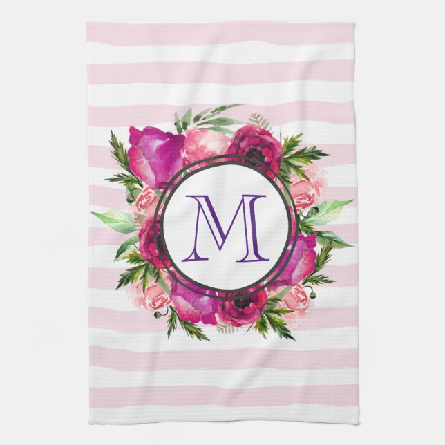 Pink Rose & Poppy Floral Bouquet Monogram Tea Towel (Vertical)