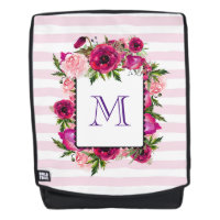Pink Rose & Poppy Floral Bouquet on Pink Stripes