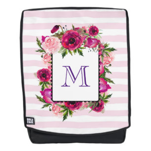 Pink Rose & Poppy Floral Bouquet on Pink Stripes Backpack
