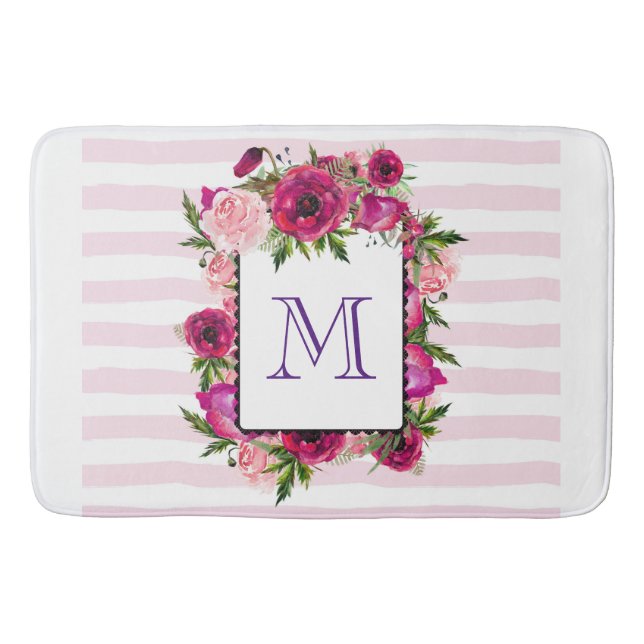 Pink Rose & Poppy Floral Bouquet on Pink Stripes Bath Mat (Front)