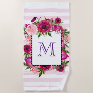 Pink Rose & Poppy Floral Bouquet on Pink Stripes Beach Towel