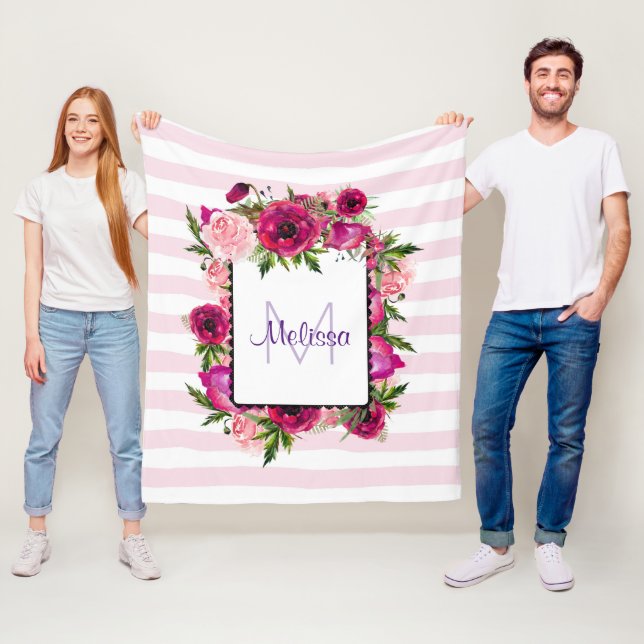 Pink Rose & Poppy Floral Bouquet on Pink Stripes Fleece Blanket (In Situ)