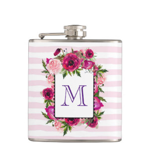 Pink Rose & Poppy Floral Bouquet on Pink Stripes Hip Flask