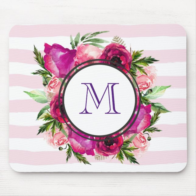 Pink Rose & Poppy Floral Bouquet on Pink Stripes Mouse Mat (Front)