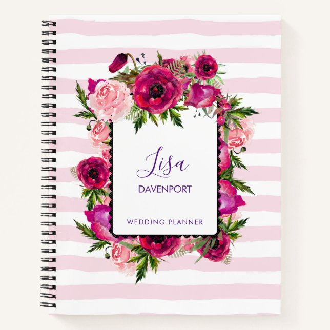 Pink Rose & Poppy Floral Bouquet on Pink Stripes Notebook (Front)
