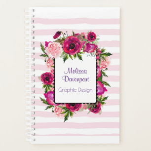 Pink Rose & Poppy Floral Bouquet on Pink Stripes Planner