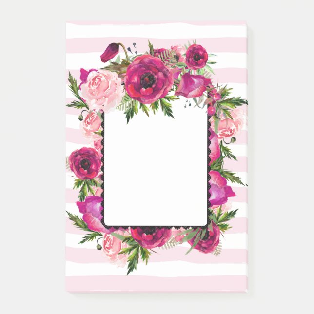 Pink Rose & Poppy Floral Bouquet on Pink Stripes Post-it Notes (Front)