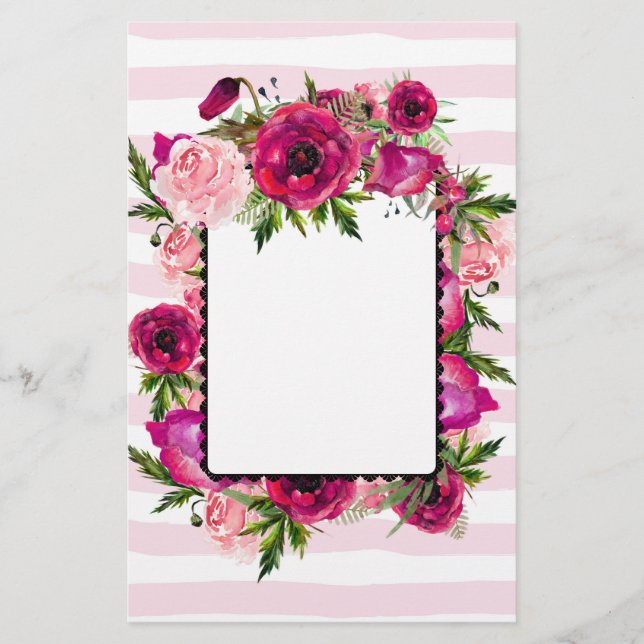 Pink Rose & Poppy Floral Bouquet on Pink Stripes Stationery (Front)