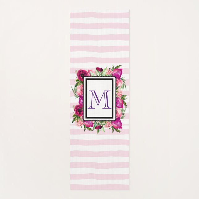 Pink Rose & Poppy Floral Bouquet on Pink Stripes Yoga Mat (Front)