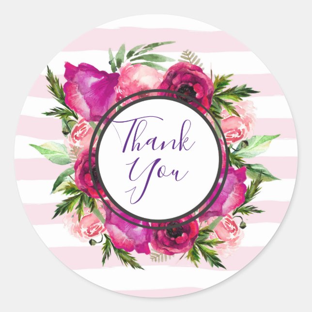 Pink Rose & Poppy Floral Bouquet Thank You Classic Round Sticker (Front)