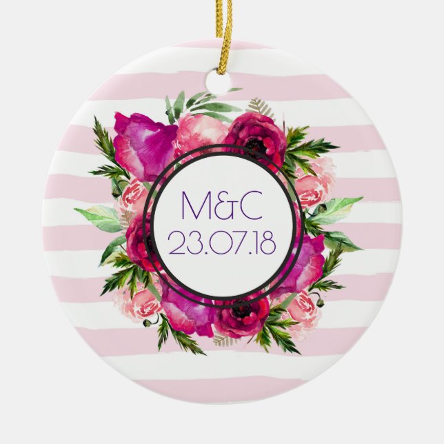 Pink Rose & Poppy Floral Bouquet Wedding Ceramic Tree Decoration (Front)