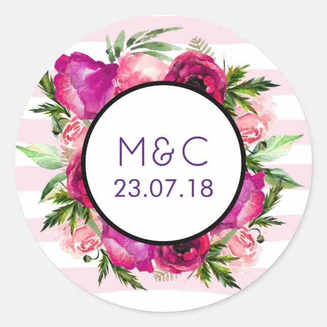 Pink Rose & Poppy Floral Bouquet Wedding Classic Round Sticker (Front)