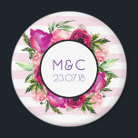 Pink Rose & Poppy Floral Bouquet Wedding Date Magnet<br><div class="desc">A wedding date magnet personalised with the couple's initials. Designed with a floral bouquet composed of light pink roses and dark pink poppies with lots of lush green leaves. A frame layered over top to put your custom text inside. The background is a soft pastel pink striped pattern.</div>