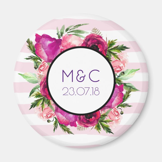 Pink Rose & Poppy Floral Bouquet Wedding Date Magnet (Front)