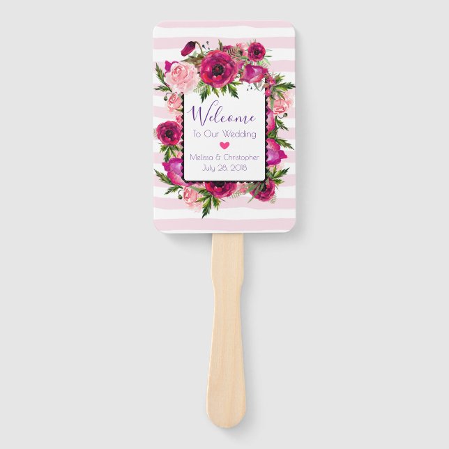 Pink Rose & Poppy Floral Bouquet Wedding Hand Fan (Front)