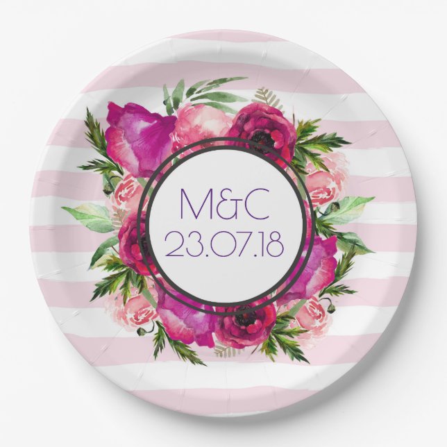 Pink Rose & Poppy Floral Bouquet Wedding Paper Plate (Front)