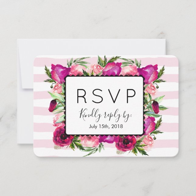 Pink Rose & Poppy Floral Bouquet Wedding RSVP Card (Front)