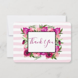 Pink Rose & Poppy Floral Bouquet Wedding Thanks Thank You Card