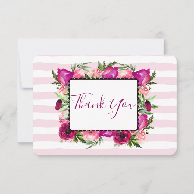 Pink Rose & Poppy Floral Bouquet Wedding Thanks Thank You Card (Front)