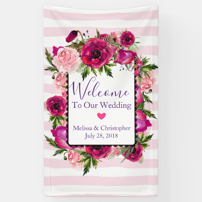Pink Rose & Poppy Floral Wedding Welcome Banner (Vertical)