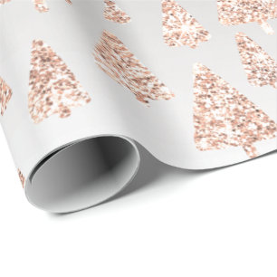 Pink Rose Powder Gold Glitter Christmas Tree Gray Wrapping Paper
