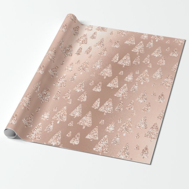 Pink Rose Powder Gold Glitter Christmas Tree Wrapping Paper (Unrolled)