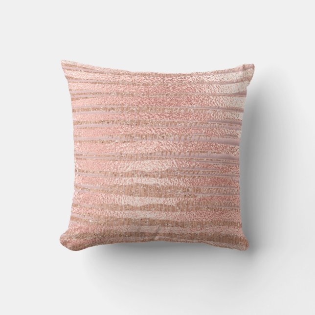 Pink Rose Powder Gold Glitter MetalliStripes Lines Cushion (Front)