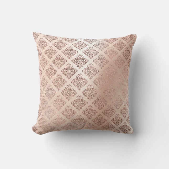 Pink Rose Powder Gold Metallic Damask Royal Decor Cushion (Front)