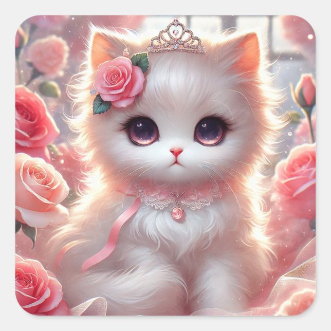 Pink Rose Princess Cat Square Sticker (Front)