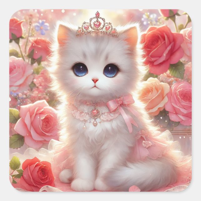 Pink Rose Princess Cat Square Sticker (Front)