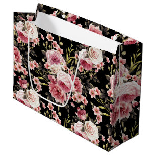 Pink Rose Profusion - Black Background Large Gift Bag