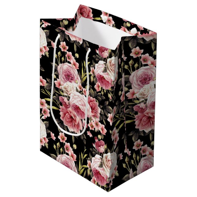Pink Rose Profusion - Black Background Medium Gift Bag (Front Angled)
