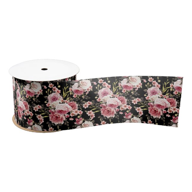 Pink Rose Profusion - Black Background Satin Ribbon (Spool)