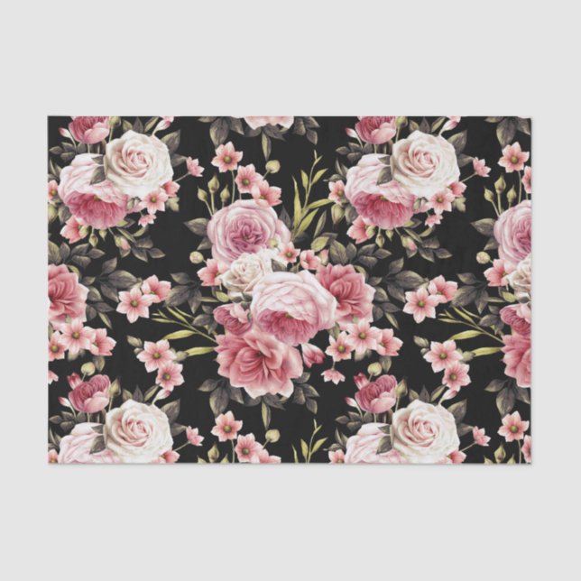 Pink Rose Profusion - Black Background Tissue Paper (Front)