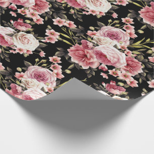 Pink Rose Profusion - Black Background Wrapping Paper