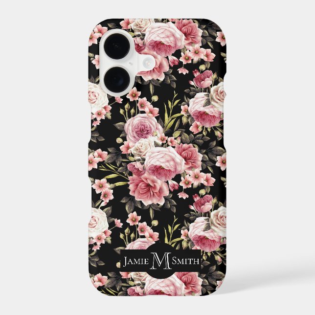 Pink Rose Profusion Monogram - Black Background (Back)