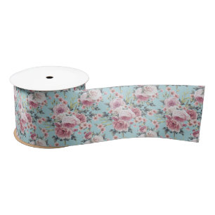 Pink Rose Profusion - Teal Background Satin Ribbon