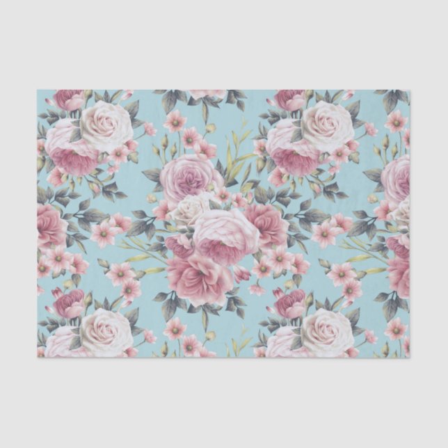 Pink Rose Profusion - Teal Background Tissue Paper (Front)