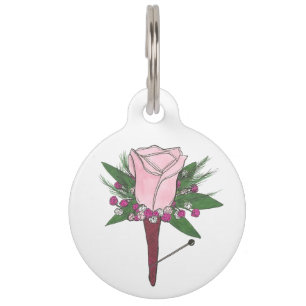 Pink Rose Prom Boutonniere Flower Baby's Breath Pet Tag