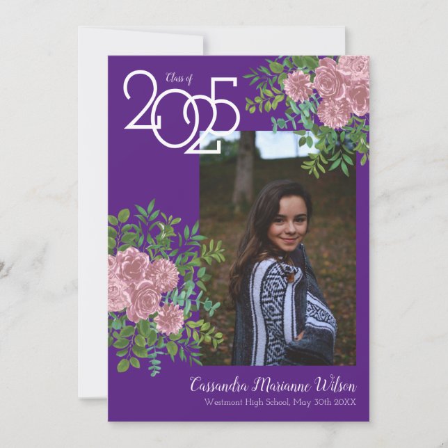Pink Rose Purple Photo Graduation Announcement (Front)